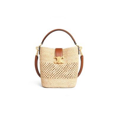CELINE SMALL LOUISE BUCKET IN RAFFIA AND CALFSKIN 119742GNS.02NT (19*16*12cm)